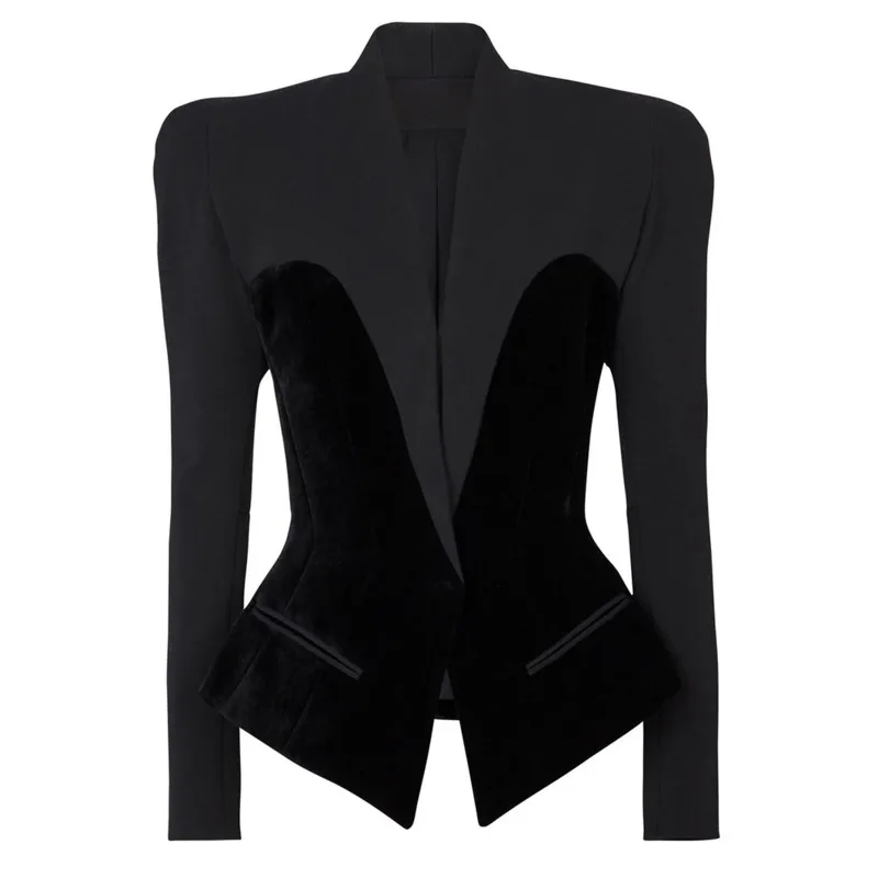 Deat Fashion Damen Blazer gekerbter Kragen Samt gespleißt lange Ärmel einreihige schmale Anzug Jacken Herbst neu 7 ab529