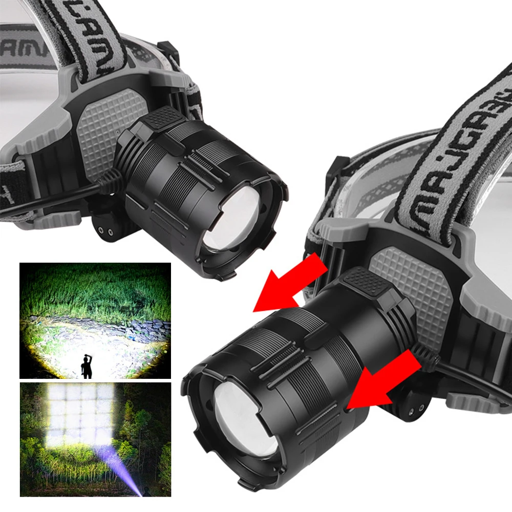 BORUiT Super Bright 30W LED Headlamp Zoomable Type-c Rechargeable 18650 Headlight Tail Warning Head Torch Fishing Lantern