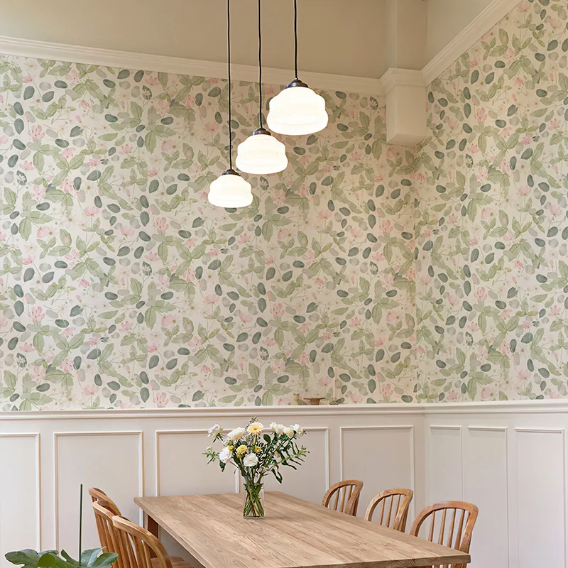 Self Adhesive Fresh Light Green Leaves Vinyl Wallpaper Self Adhesive Waterproof Cabinet Stickers Pink Flower Home Decoration