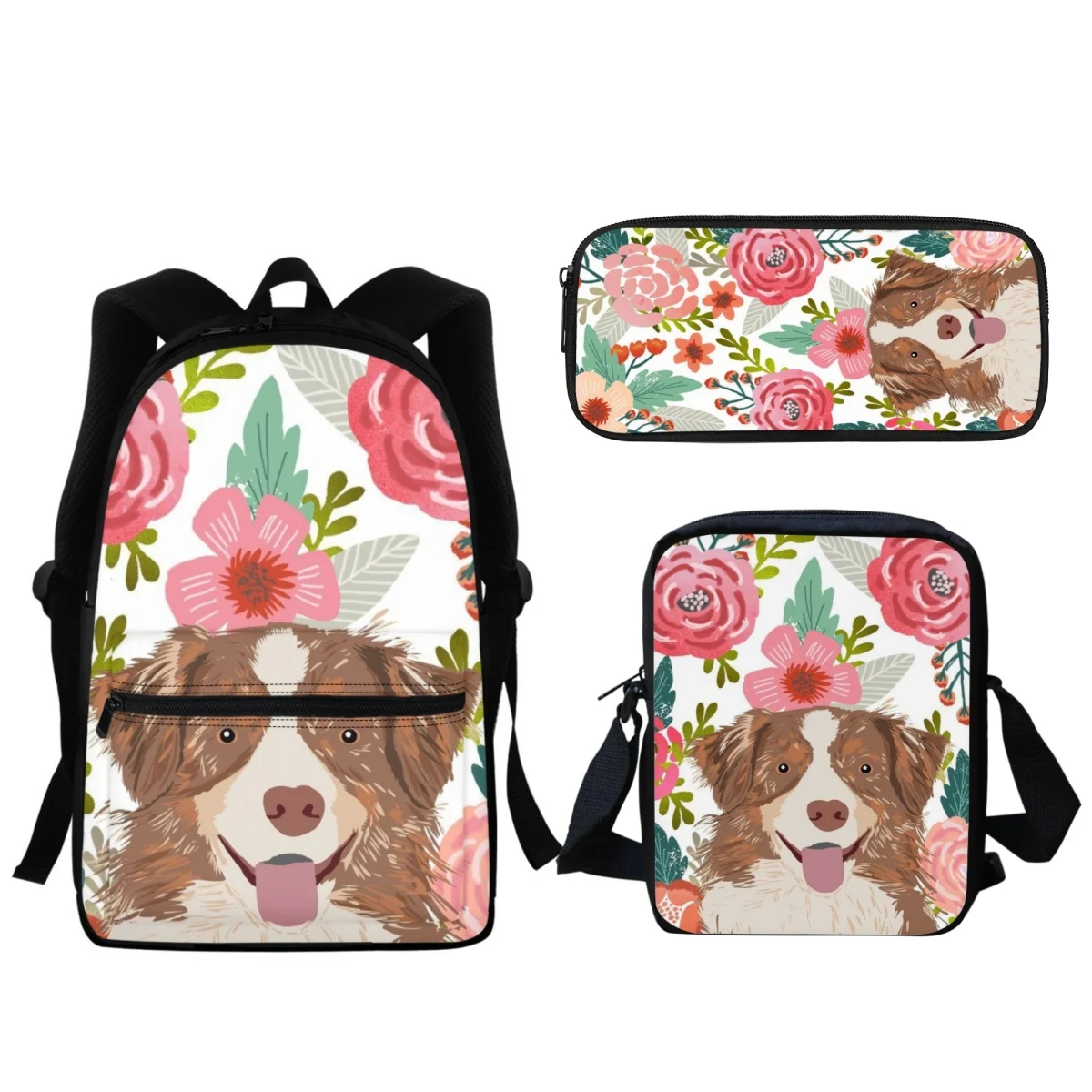 Lustige Cartoon Hund Blumen druck Schult aschen 3pc süße Tiere Kinder Reiß verschluss Rucksack Jungen Mädchen zurück zur Schule Geschenk Lern werkzeuge