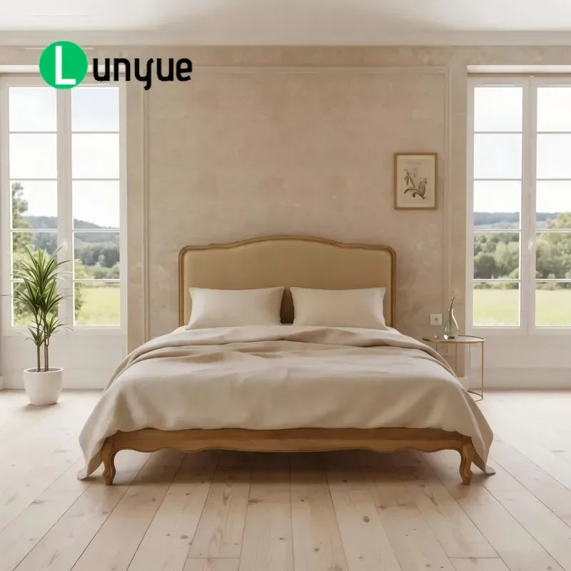 Deluxe French Style Tufted Linen Upholstered Headboard Solid Oak Frame Double Bed Bedroom Furniture Elegant Design