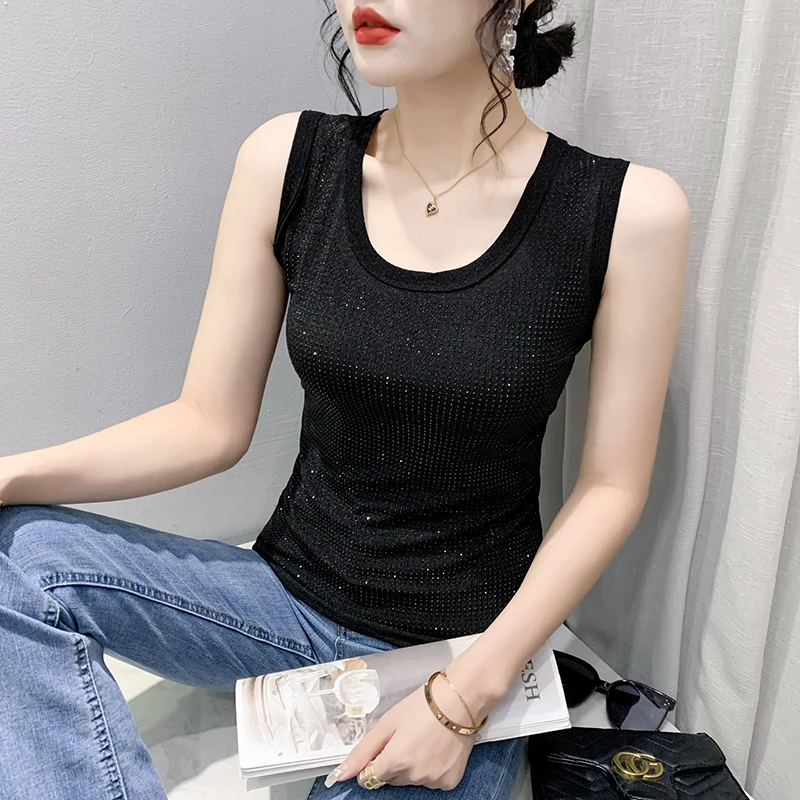 MadBlack Summer European Clothes Sleeveless Tank Tops Women Sexy Fashion Round Collar Full Drilling Slim Elastic Vests T34859M