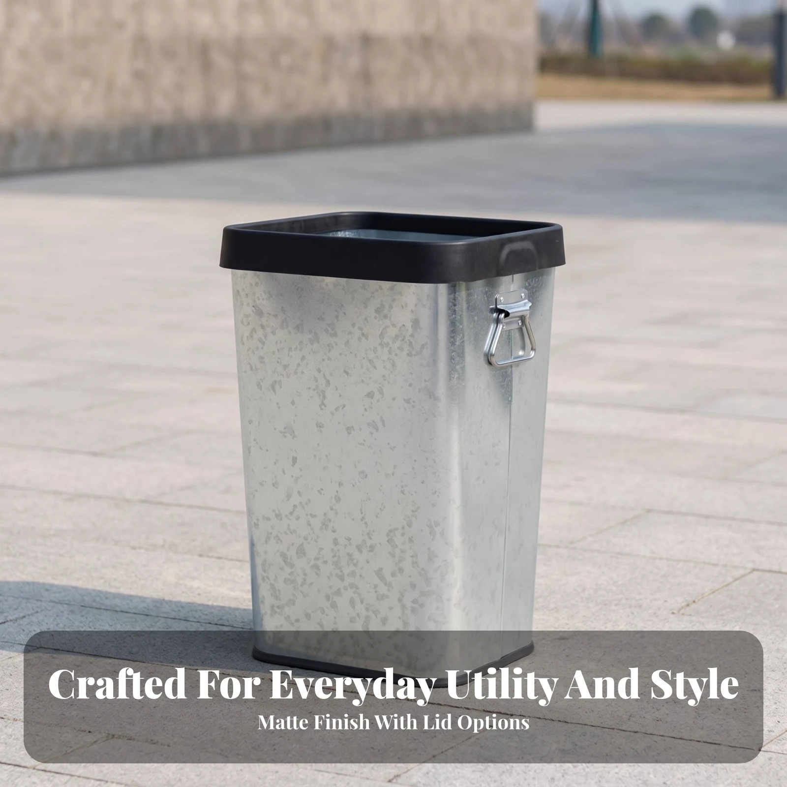 Metal Trash Bin with Handles Galvanized Trash Can with Side Handles Rectangular Waste Bin Secure for Kitchen, Office