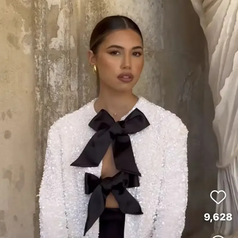 Cappotto da donna corto a maniche lunghe con paillettes o collo Cappotto da donna corto Capispalla Top chic Giacche da donna legate con fiocco Abbigliamento donna