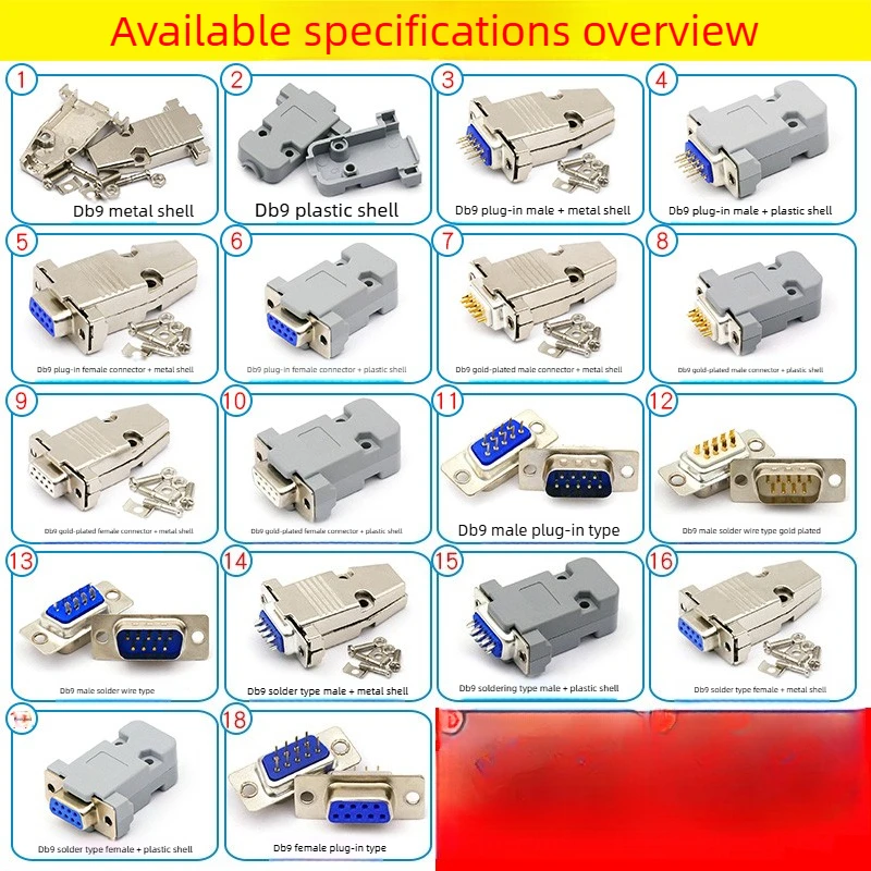 DB9 female male 9-pin serial connector soldered wire RS232/485 serial COM port nine-pin connector plug
