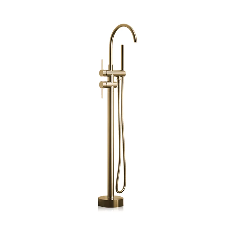 Bathtub-side floor-standing brushed gold hot and cold faucet All-copper vertical shower faucet