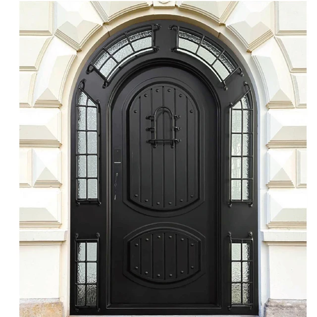 Custom Steel Security Exterior Door Double Panels Swinging Wrought Iron Entry Doors