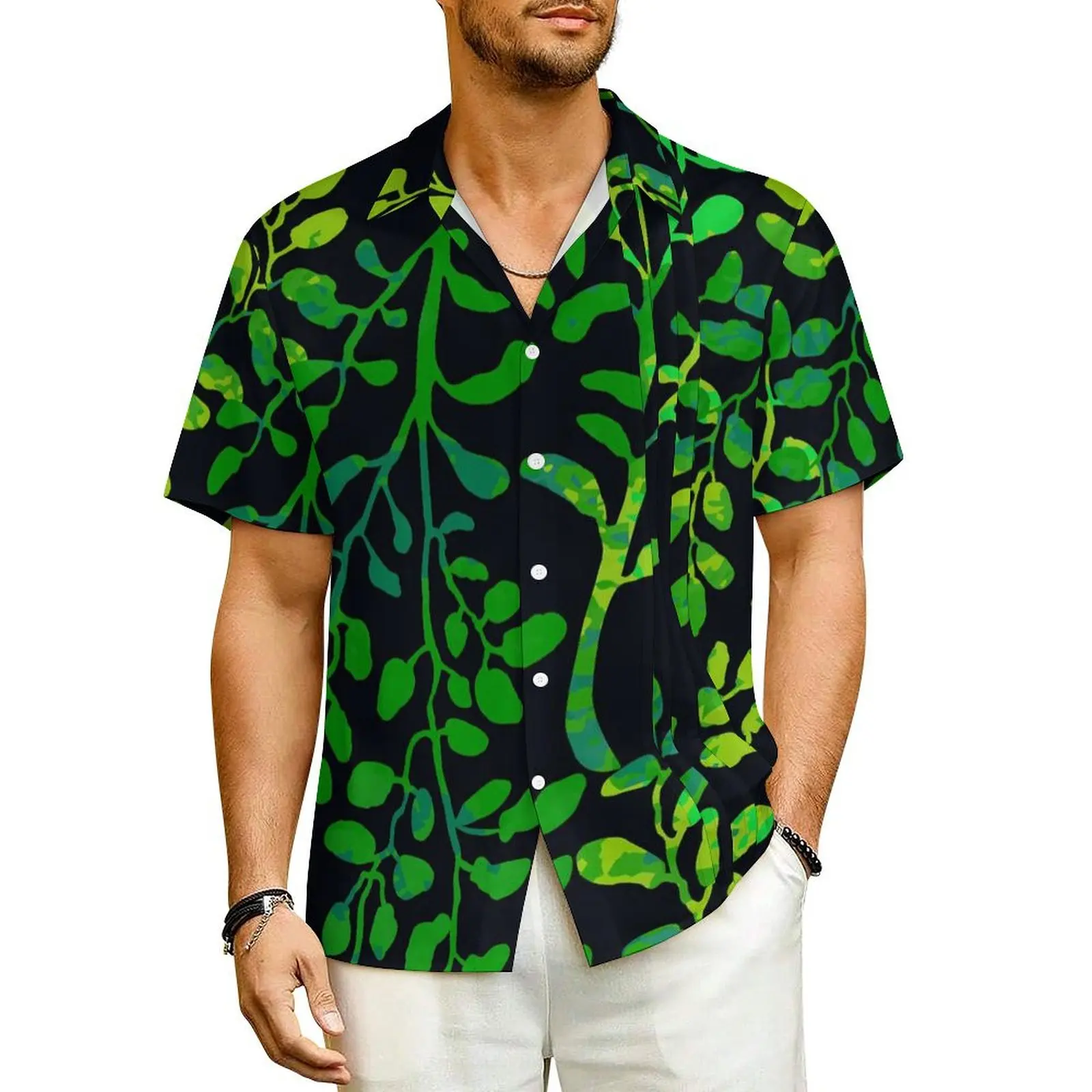 

Hawaiian Shirt Vacation Green Leaf Blouses Foliage And Plants Cool Casual Shirts Man Short Sleeve Y2K Fashion Oversized Clothing