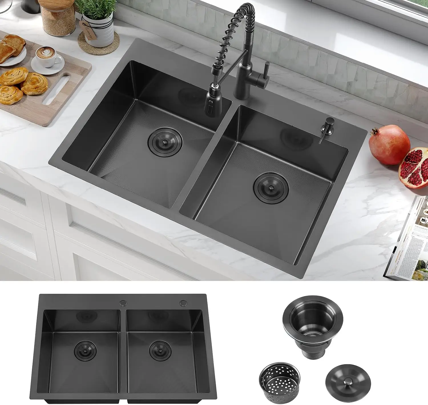 33 Inch Black Drop in Double Bowls Kitchen Sink