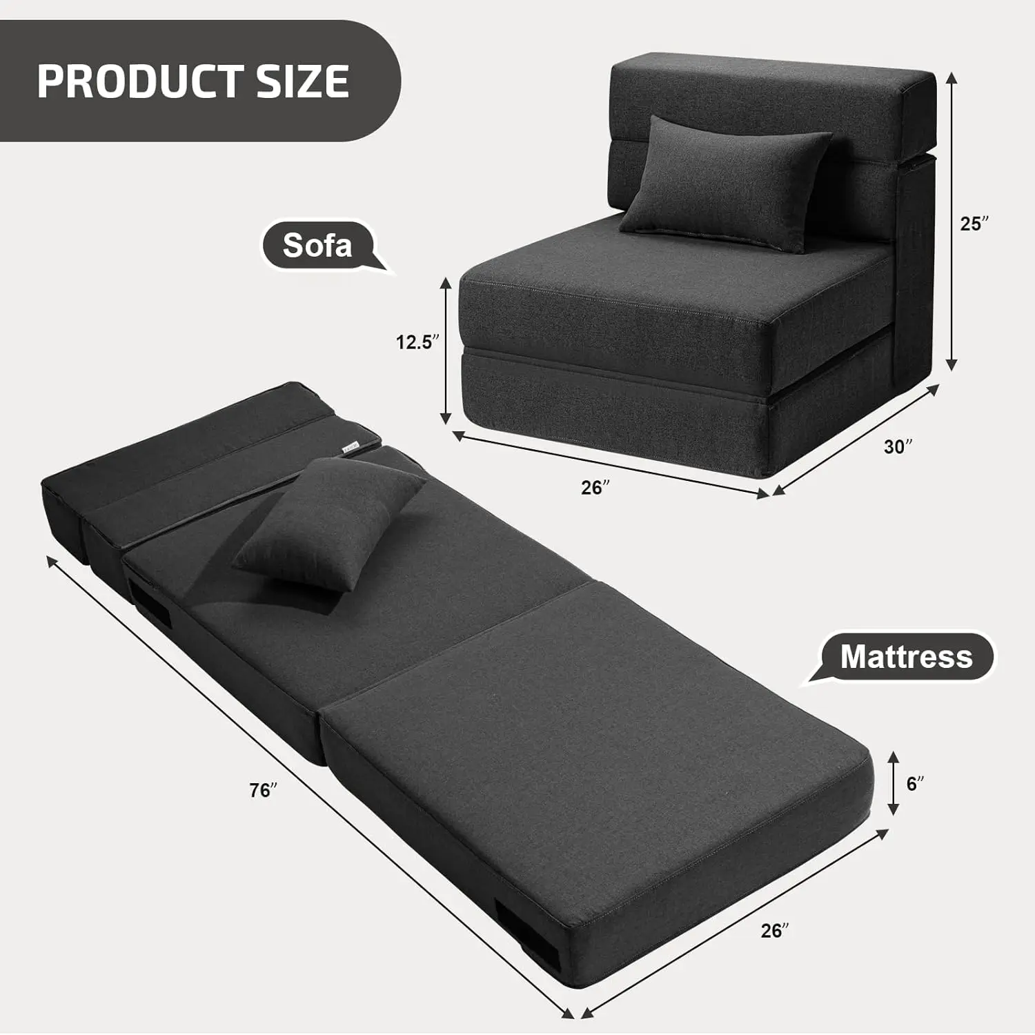 Folding Sofa Bed with Pillow- Convertible Chair Floor Couch & Sleeping Mattress - Foldable Memory Foam Sleeper for Living Room