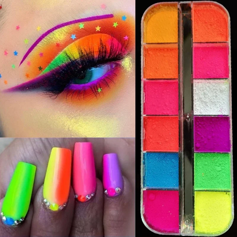 12 Colors Neon Eyeshadow Palette Matte Fluorescent Pigment Eye Makeup Palette Glitter Lasting Eyeshadow Palette Nail Art Powder