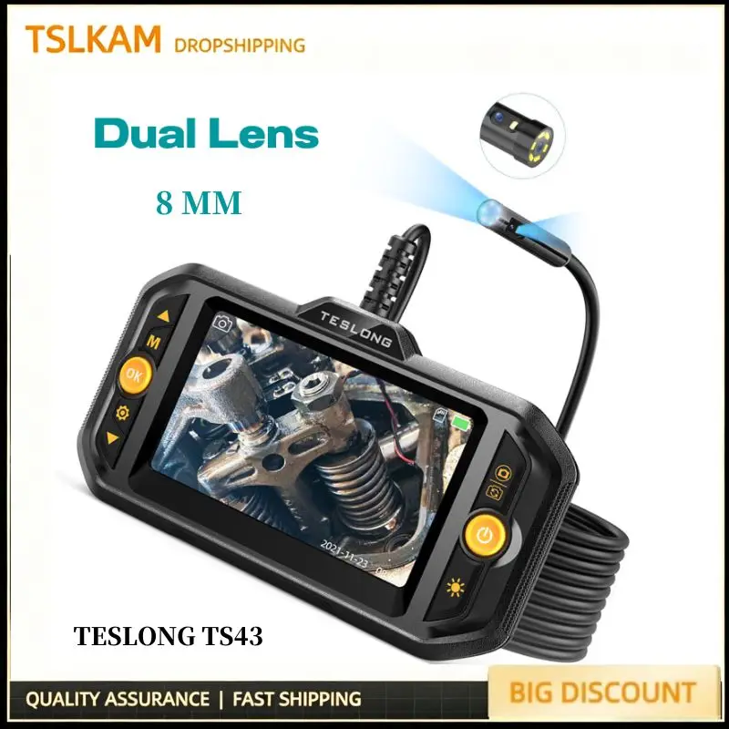 Industrial Endoscope Camera 4.3inch IPS Screen 8mm Dual Lens IP67 Inspection Borescope for Pipe Car Repair,Teslong TS43
