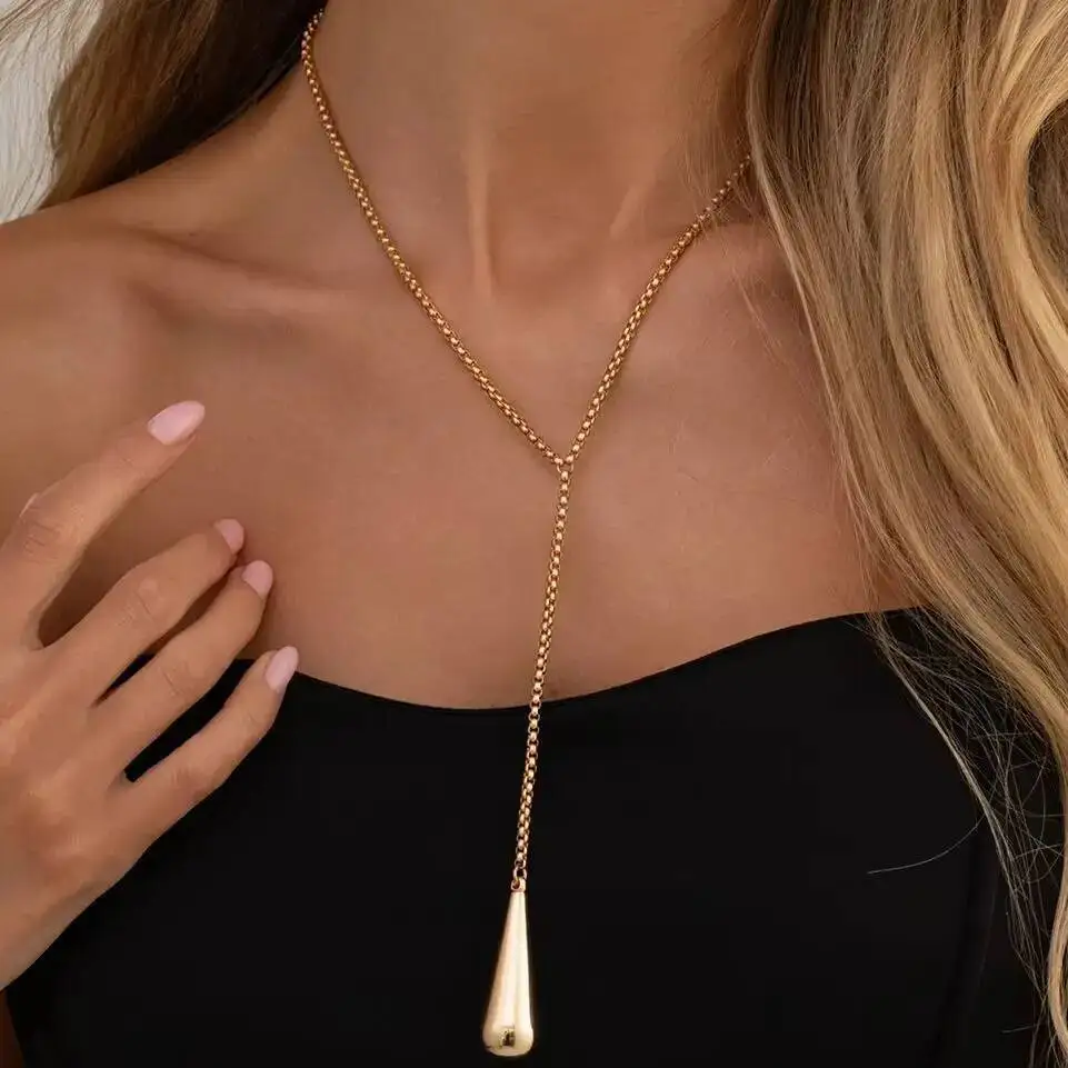 SHIXIN Hip Hop Punk Charm Smooth Metal Iron Chain Waterdrop Pendant Necklace for Women Trendy Sweater Chains Jewelry On The Neck