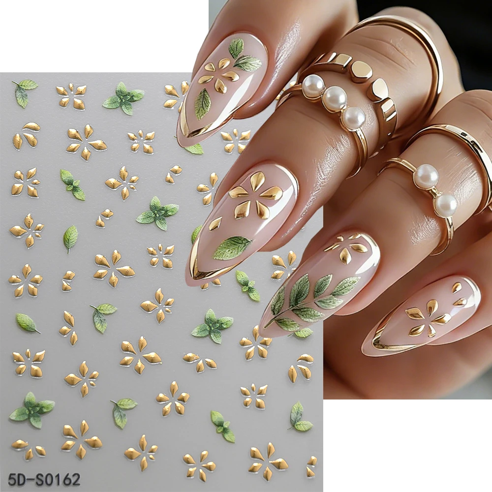 

5D объемные наклейки для ногтей с золотым узором в виде зеленых листьев и цветов, весенние цветочные наклейки для ногтей, нежные роскошные самоклеящиеся стикеры для DIY-дизайна ногтей