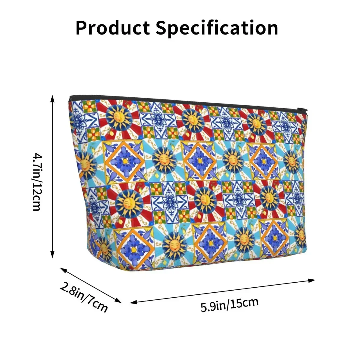 Sicilian Tiles,sun,half Moon,mediterranean Style,lemon Art Zipper Bag Cosmetic Case Portable Organizer For Women Female Gift