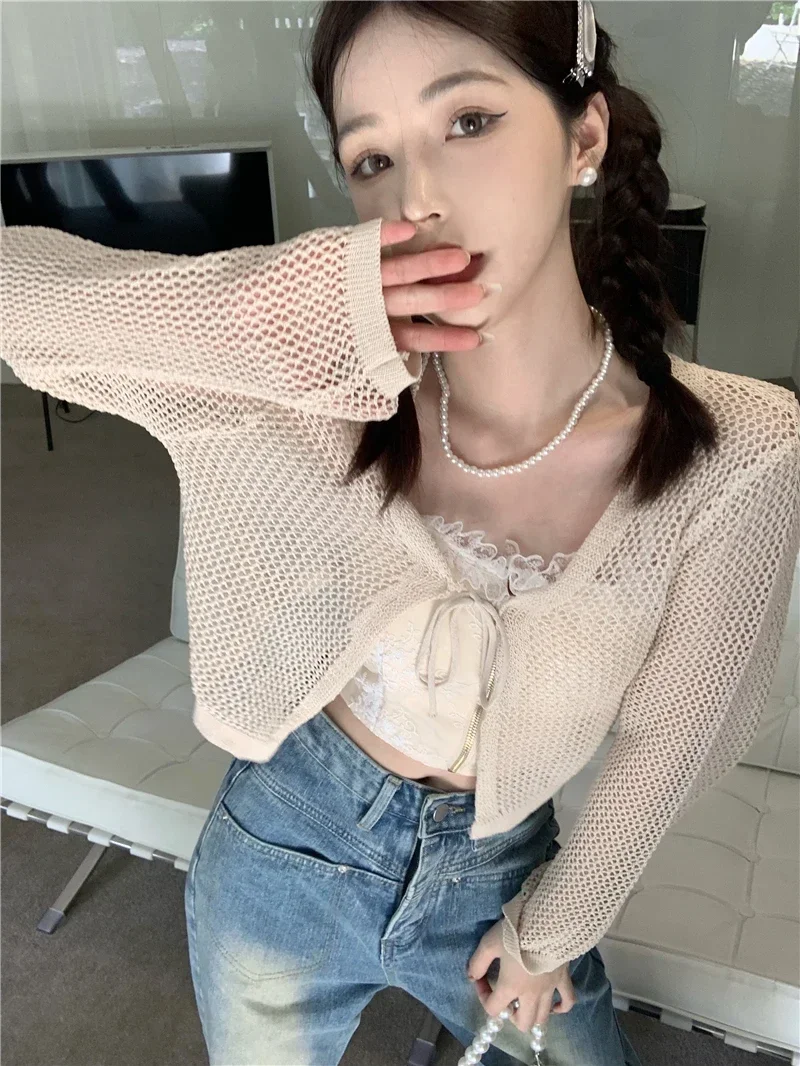 

Summer Cropped Cardigan Women Clothing Sueter Mujer Knitted Thin Sweater Crop Tops Bandage Fashion Casual Hollow Out Y2k Top