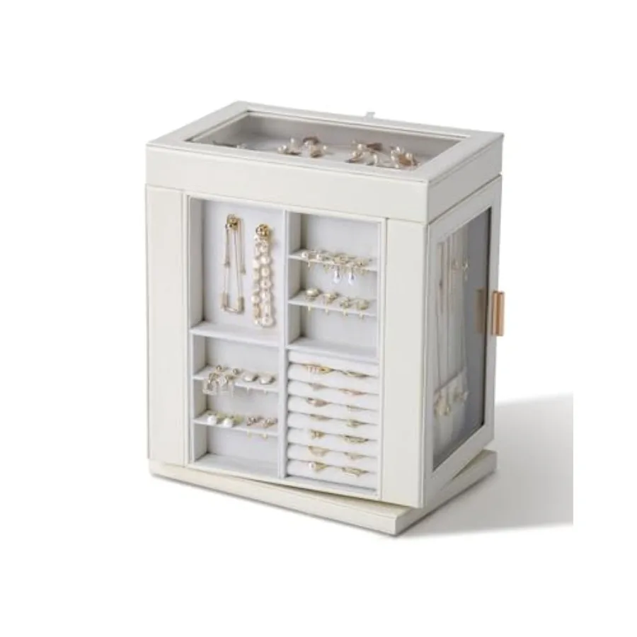 Jewelry Box 360 Rotating 6-Tier Organizer Open Design Large Vertical Jewelry Display Storage Case with Glass Window Gift for W