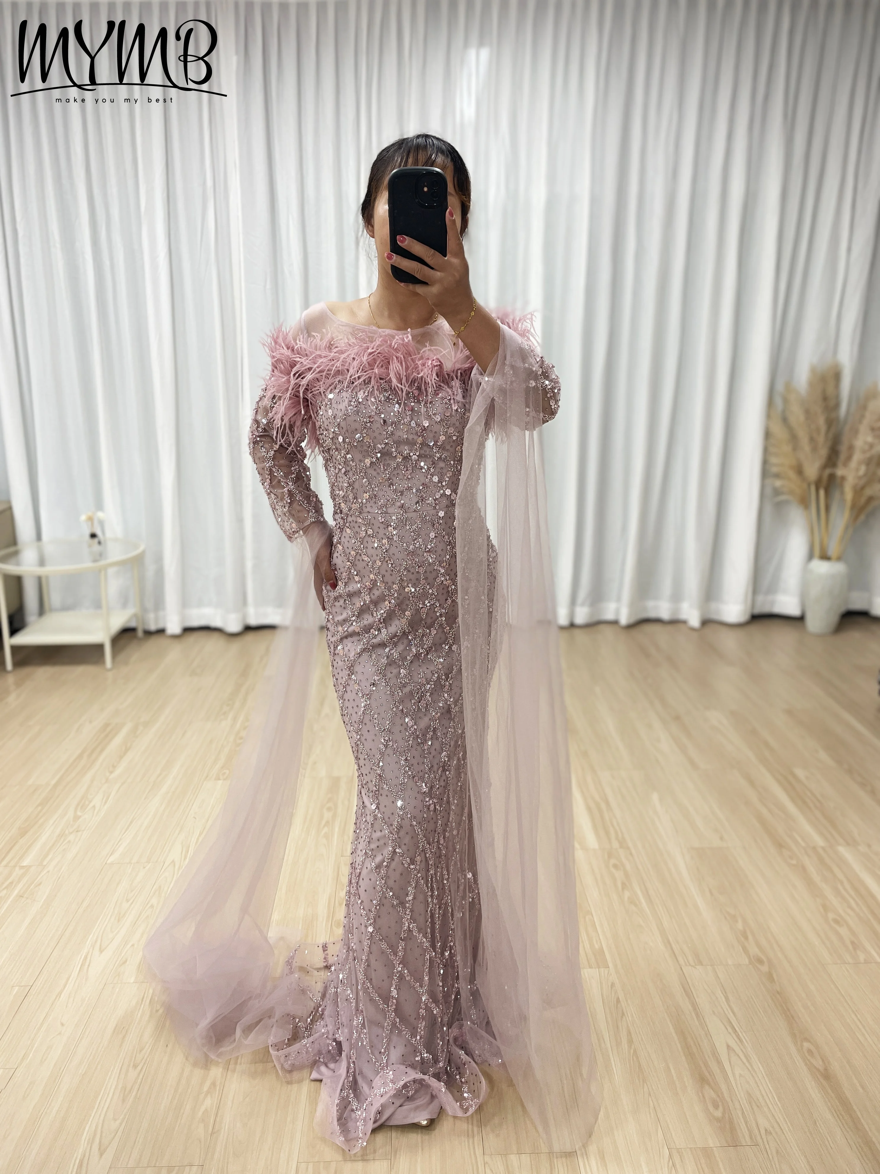 

MYMB Luxury Caramel Pink Feather Beaded Cape Mermaid Evening Dresses Gowns for Women Elegant Wedding Formal Party new MB40392
