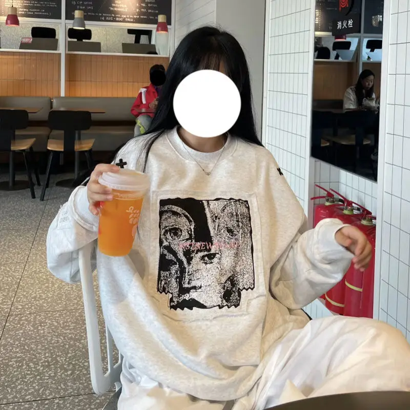 Y2k Graphic Print Patch Sweatshirt Women Autumn Winter O Neck Loose Sports Tops American Vintage Long Sleeve Streetwear