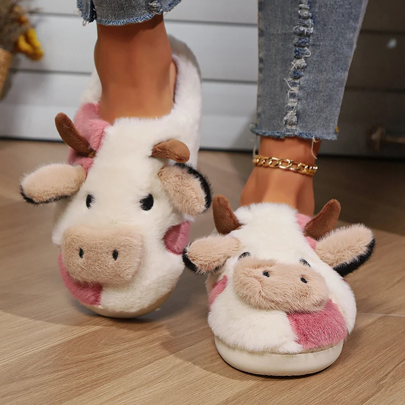 Womens Cute Cartoon Calf Plush Slippers Large Size 44-45 Comfort Lightweight Close Toe Ladies Slippers Indoor Home Warm Slides