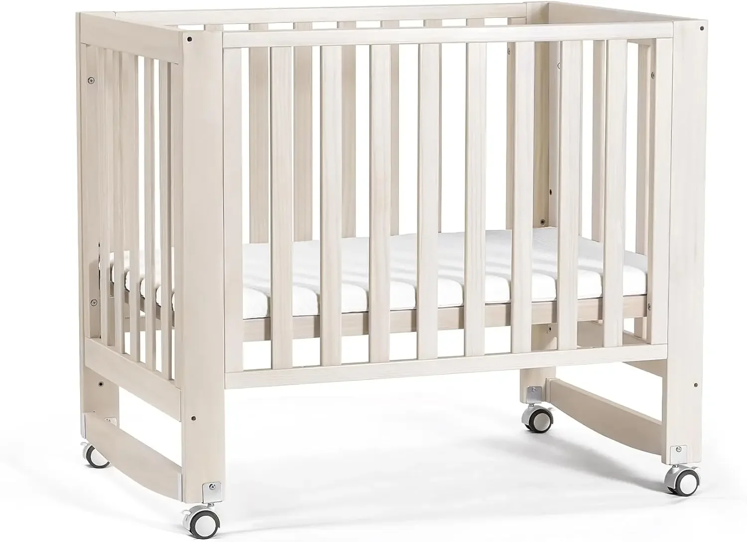 Baby Crib, 6 in 1 Convertible Mini Crib with Wheels,New Zealand Pinewood Bed, 4 Adjustable Mattress Heights