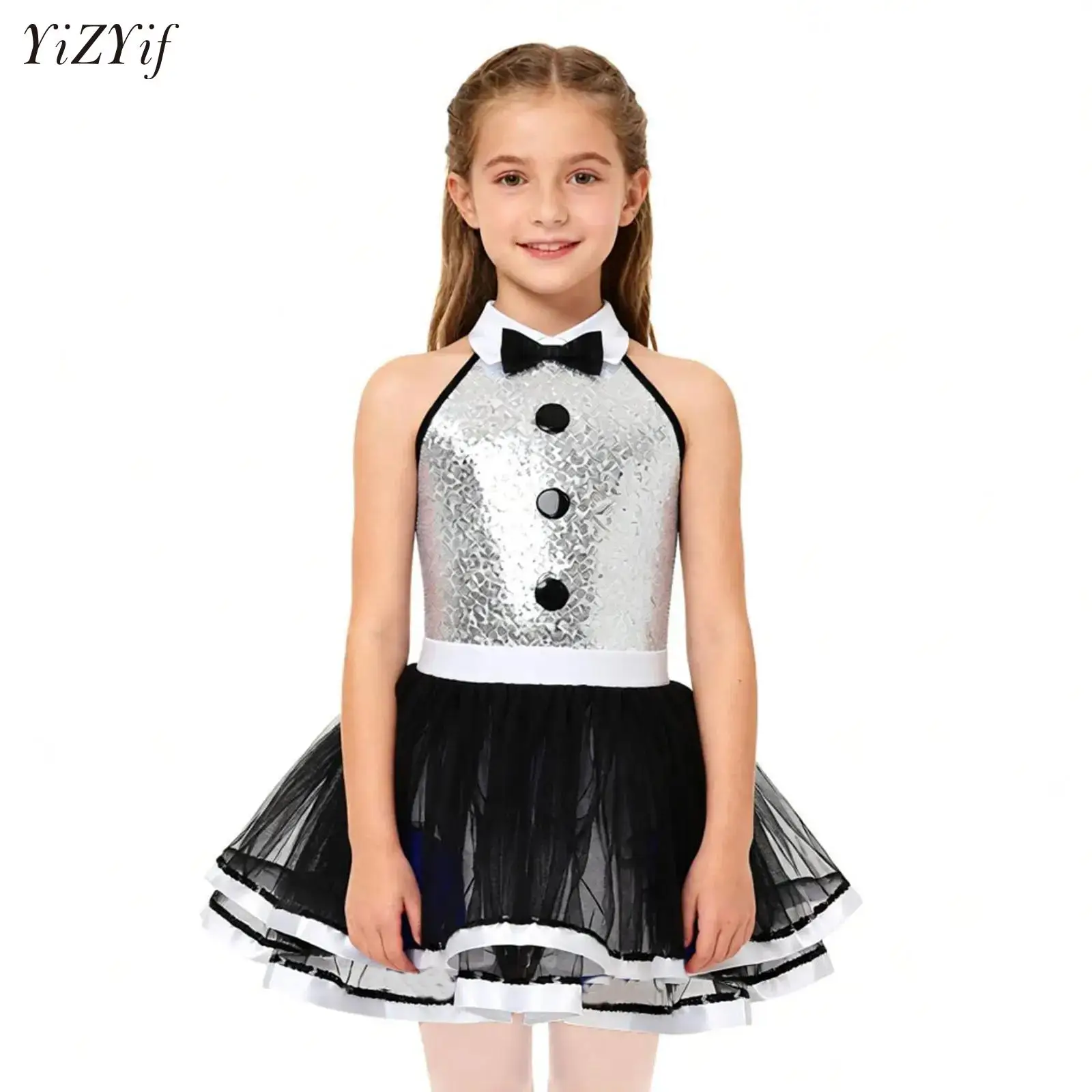 Vestido de baile con lentejuelas brillantes para niñas, tutú, leotardos de gimnasia y Ballet, botones Halter, Ropa de baile latino de Jazz moderno
