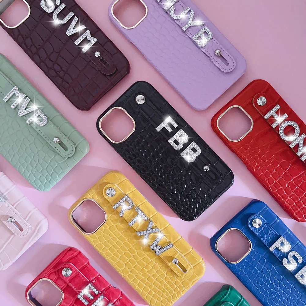 

Custom Name Luxury Crocodile Leather Phone Case For iphone 15 14 16Pro Max 14Plus 13Promax 13 12 11 Metal Letters Charm Cover