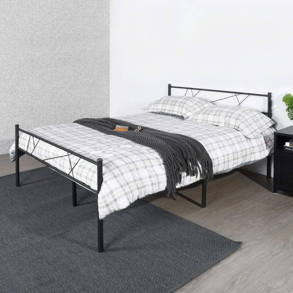 

Queen Size Steel Foundation Metal Bed Frame Classic Headboard Single Bed