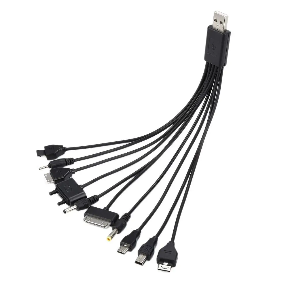 كابل شاحن عالمي متعدد للهواتف المحمولة ، إصدار USB 2.0 ، ذكر إلى قابس متعدد ، أسود جديد مفيد ، 10 في 1