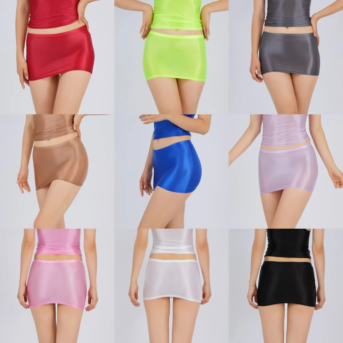 

2025 new oil shiny silky thin transparent hip-wrapped mini skirt sexy light high elastic large size Europe and the United States
