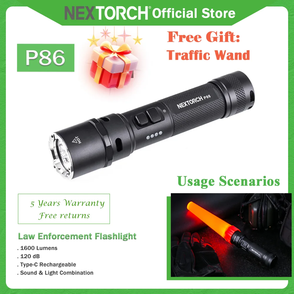 Nextorch P86 Tactical Flashlight 1600 Lumens torch,LED, rechargeable powerful lamp, for camping fishing Outdoor lighting hunting