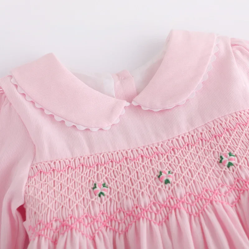 Baby Girls Smocked Dresses Autumn 2023 Kids Pink Cotton Dress with Collar Children Smocking Princess Clothing Toddler Clothes