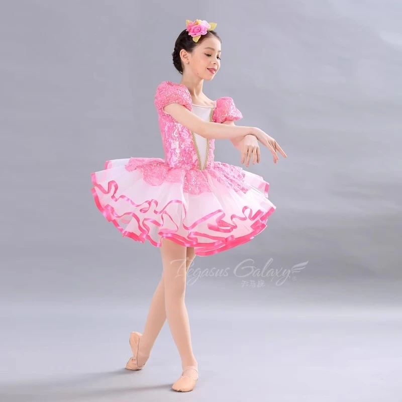 

Girls Ballet Dance Tutu Skirt Sequin Dancewear Puff Sleeve Stage Performance Costume Children Mesh Pink Blue Dress