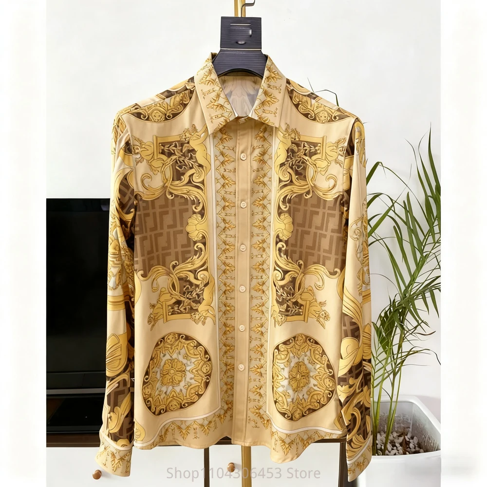 Men's Retro Classic French Court Curly Grass Pattern 3D Printed Shirt Long-sleeved Lapel Lightweight Breathable Business Casual