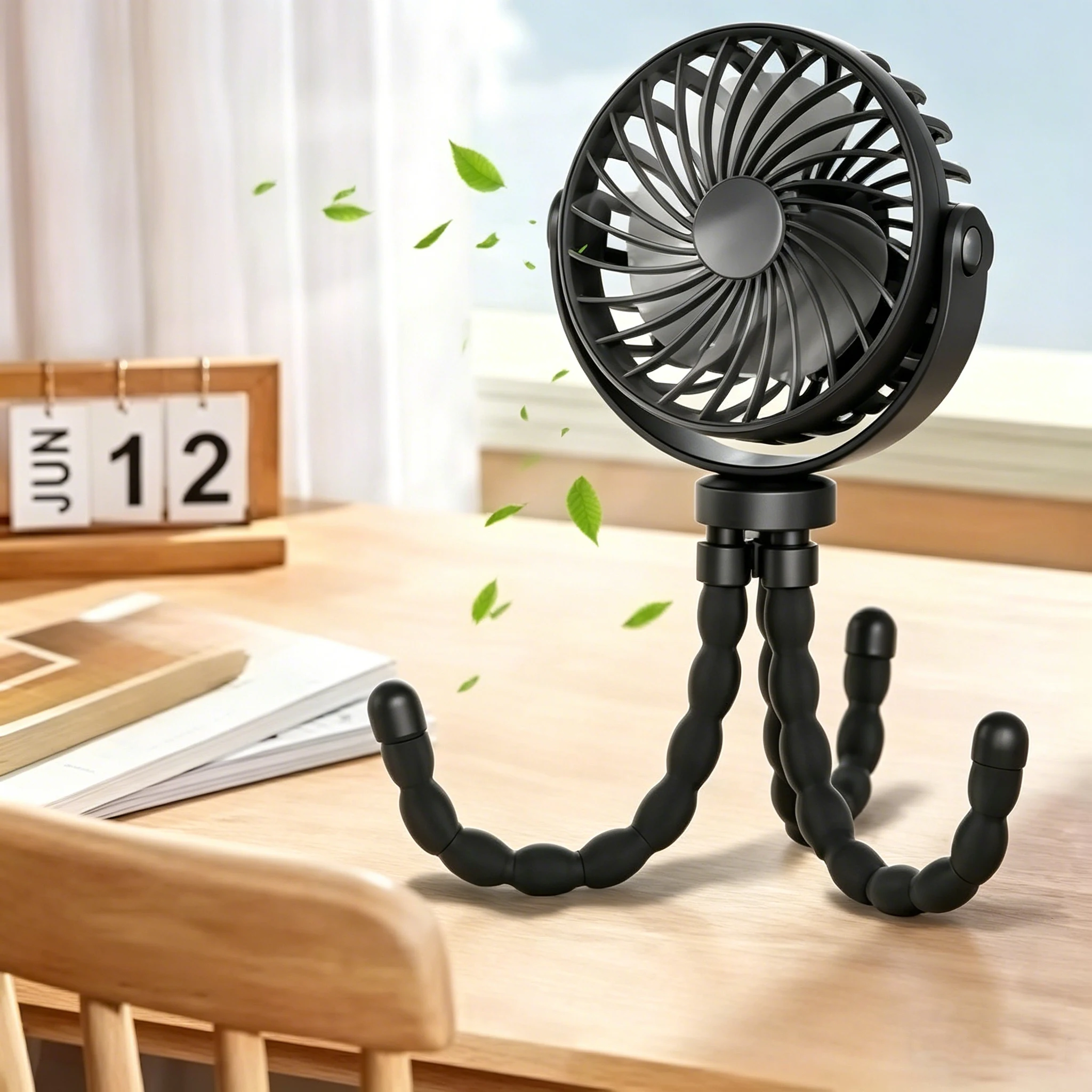 Ventilador Portátil Flexível com Tripé, Mini Ventilador Recarregável de 3 Velocidades para Carrinho com Rotação 360° ° Ventilador Pessoal Portátil com Rotação e Mãos Livres para Bebês
