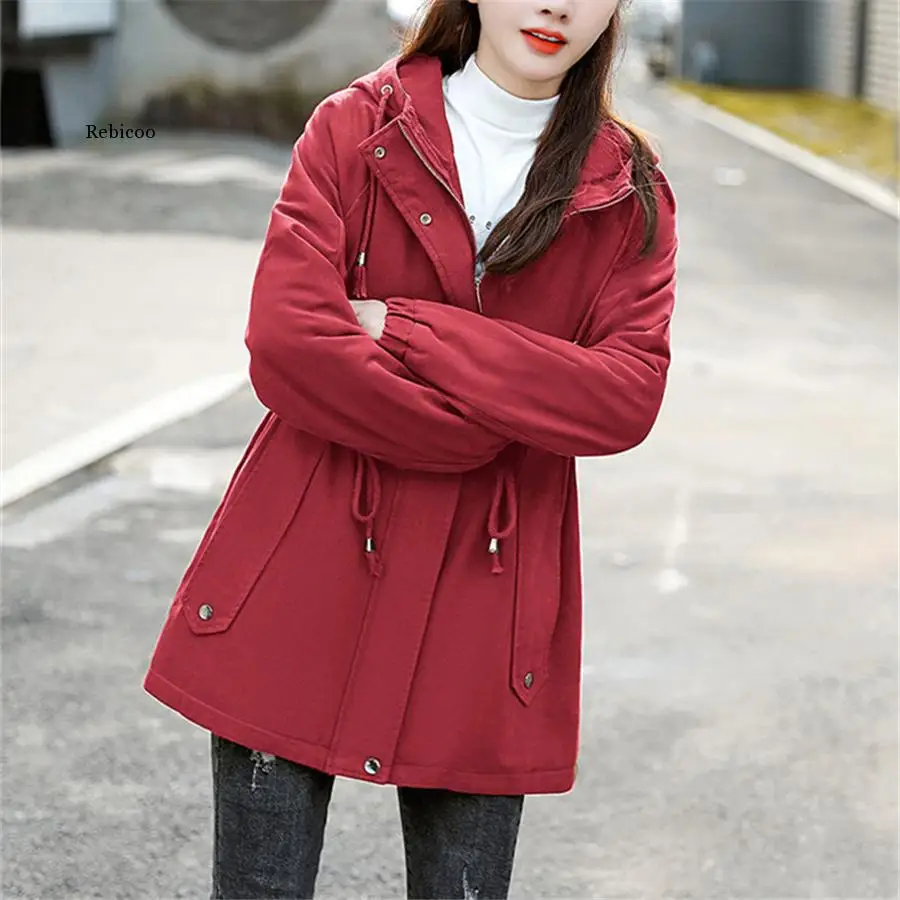 

Winter Hooded Plus Velvet Thicken Parka Mid-length Cotton Padded Fleece Lined Women Warm Coat Trenchcoat Slim Windbreaker Jacket