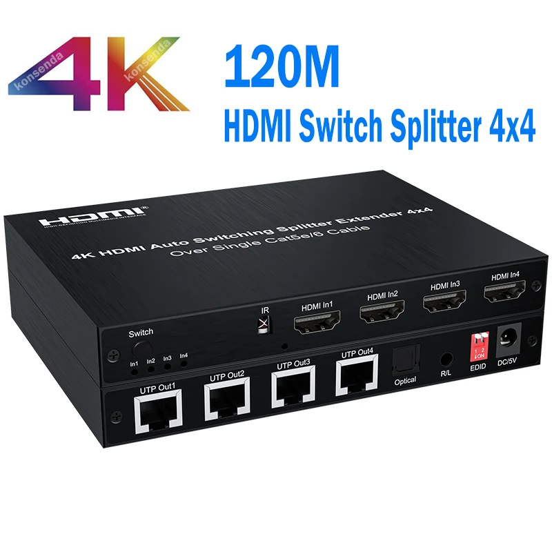 4K 4x4 HDMI Switch Splitter Extender 4 in 4 out over Cat5e/6 to 60M 120M HDMI Switch Extender with 4-port UTP Video Audio Switch