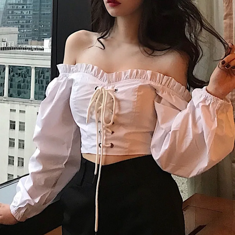 Retro Off Shoulder Lace Up Blouse Women High Waist T Shirts Drawstring Design Bubble Long Sleeve Crop Top Sweet And Spicy