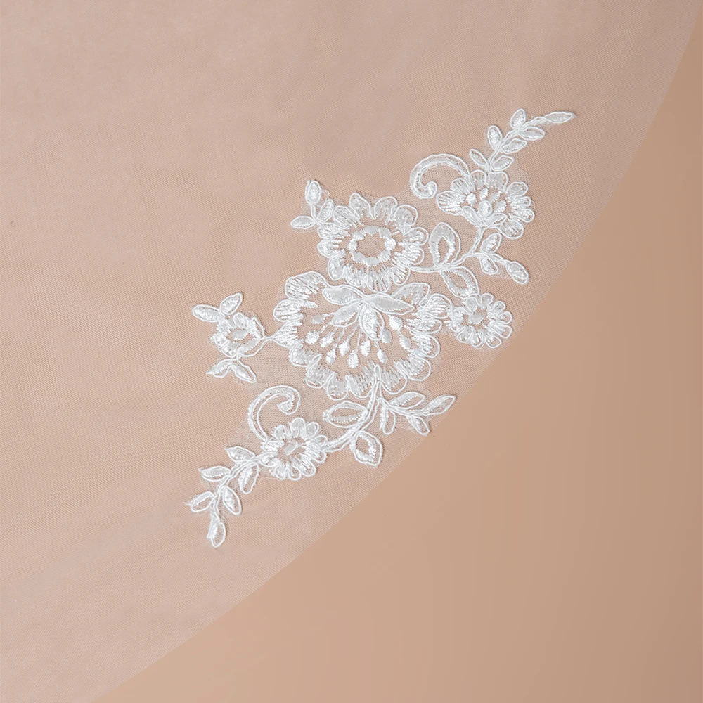 MisShow Weißer Elfenbein-Spitzenapplikationsschleier, einlagiger Kathedralenschleier mit Kamm, langer Illusionstüll für Damen, Hochzeitsschleier 2026 – Detail 8