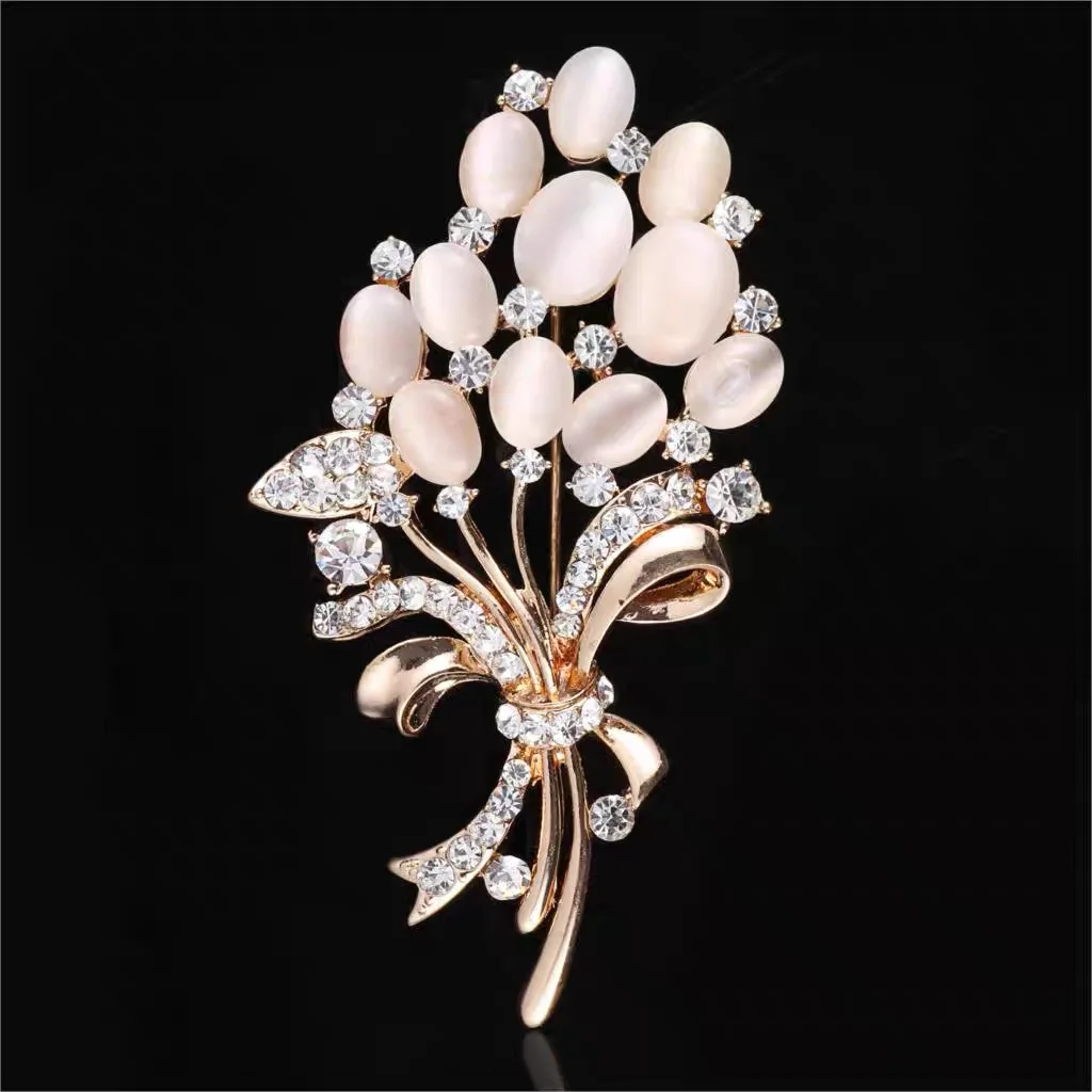 Fashion Opal Stone Flower Bouquet Brooch Pin Birthday Gift Brooches For Women Rhinestone Brooch Pin Accessories