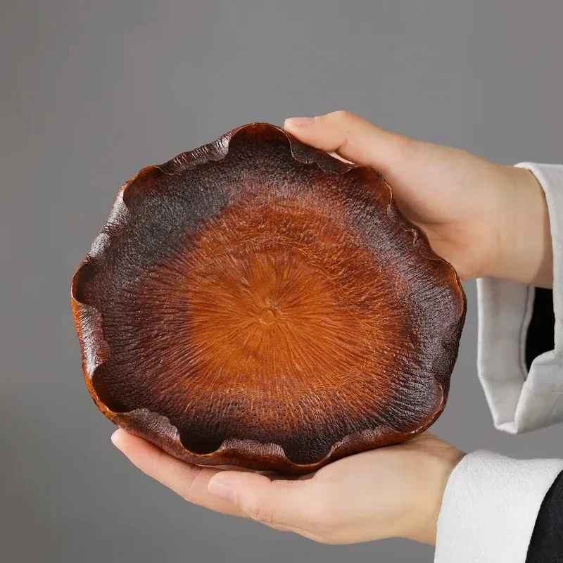 Handgefertigtes Tablett aus karbonisiertem Bambus in Lotusblattform, Teetablett im Wabi-Sabi-Stil, Zen-Obsttablett zur Heimdekoration