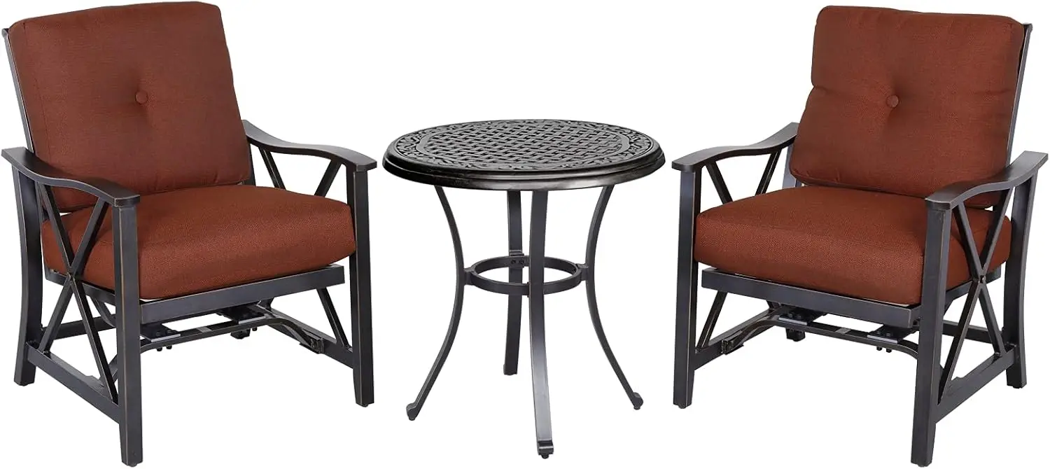 

3 Piece Patio Furniture Set, Outdoor Conversation Bistro Set With Cast Aluminum Round Table And 2 Rocking Sofa Chairs With Thi