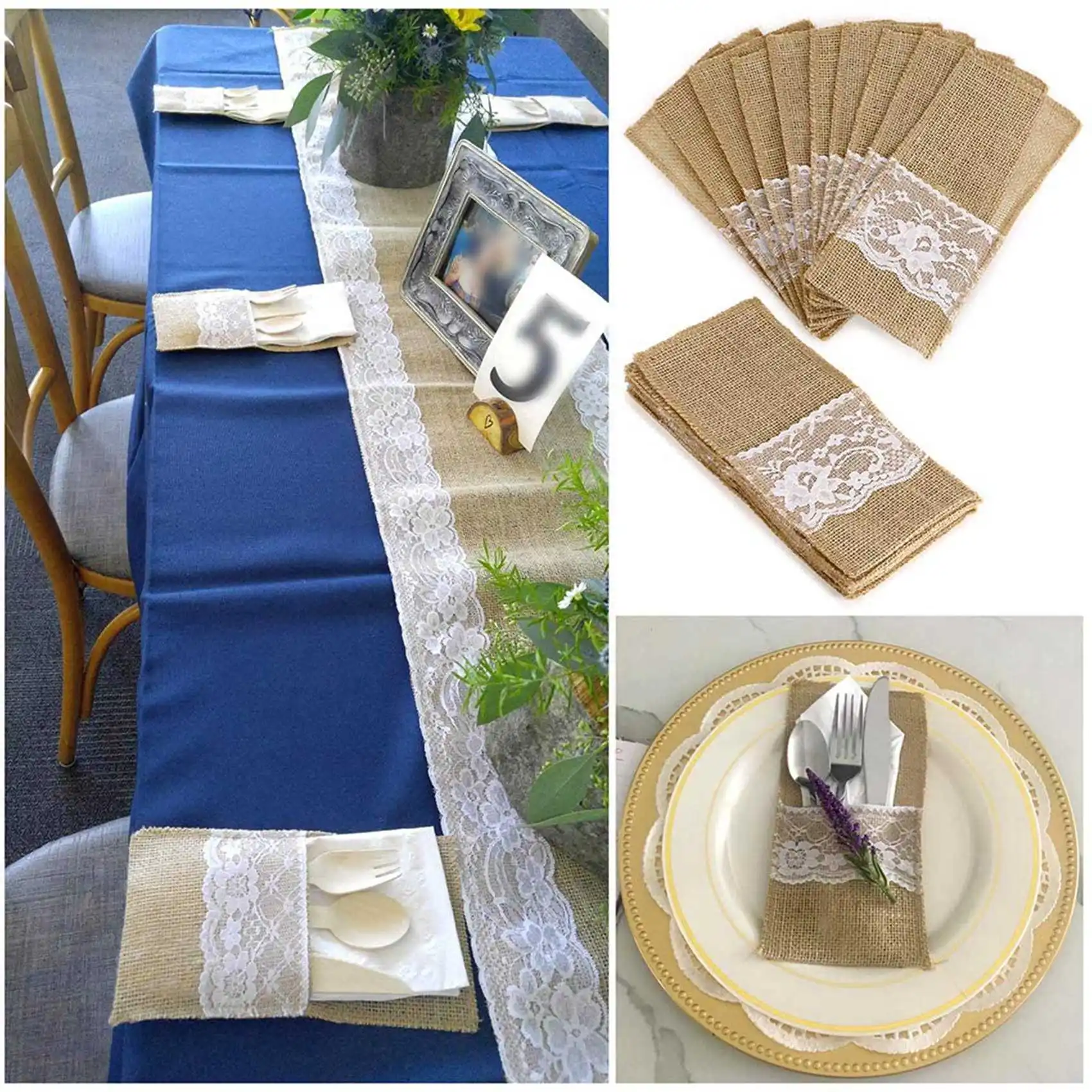 150Pcs Burlap Lace Cutlery Pouch Rustic Wedding Tableware Knife Fork Holder Bag Hessian Jute Table Decoration-AT30