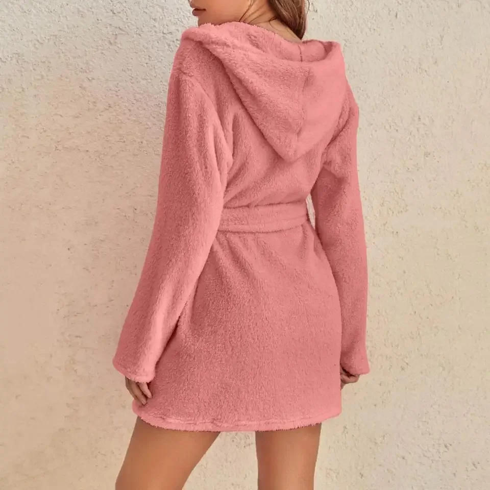Women's Winter Casual Plush Robe Solid Color Matching Double Pocket Strappy Nightgown Fuzzy Bathrobe Coats Home Clothed Ladies