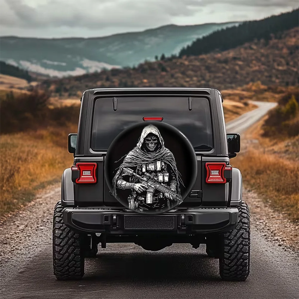 Dark Skull Warrior Print Pattern Car Tire Cover, Stylish Universal Wheel Hub Protector, Spare Tire Cover, Designed In A Mysterio