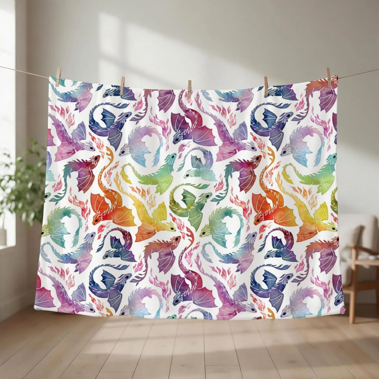 Dragon fire rainbow Throw Blanket couch cozy soft plush fuzzy picnic outdoor blanket