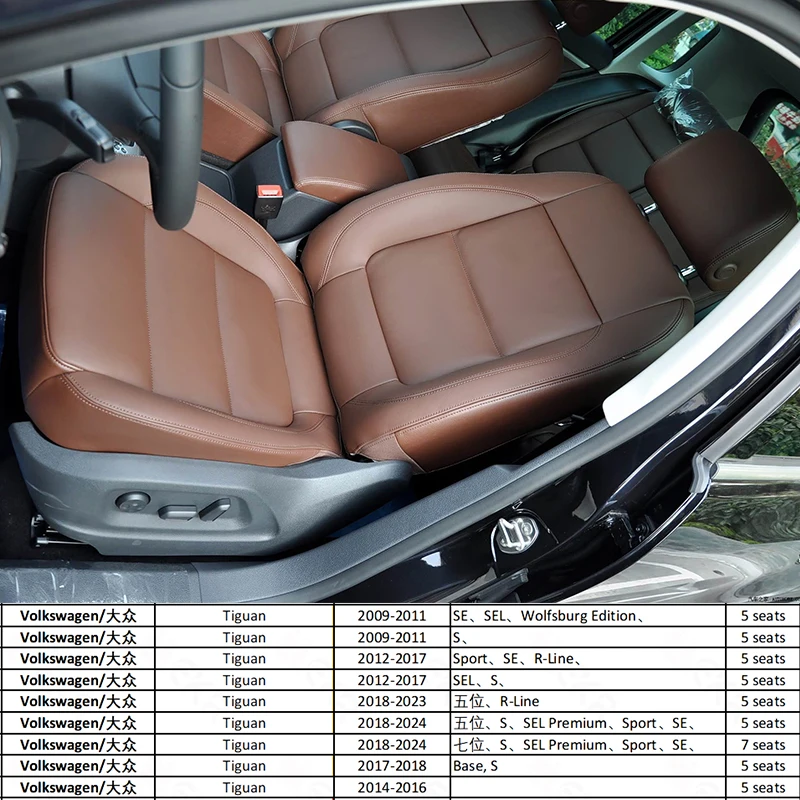 Custom Fit Car Accessories Seat Cover for 2009-2024 Volkswagen Tiguan SE SEL Sport R-Line VW Tiguan 5 Seats Leather Full Set