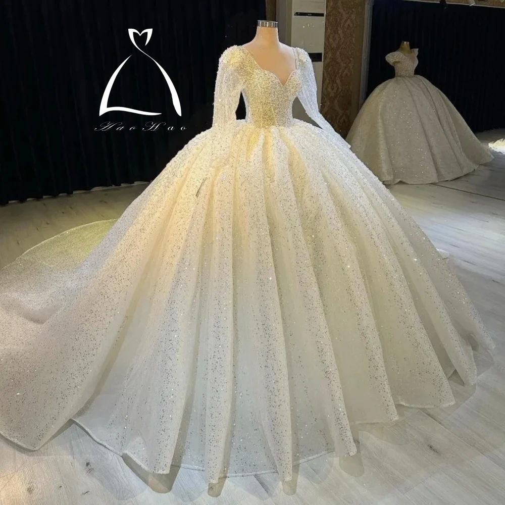 

White Ball Gown Princess Wedding Dresses 2023 Sweetheart Neck Long Sleeve Vestido De Novia Lace Sequined Luxury Robe De Mariee