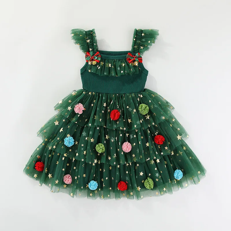 

1-6Years Fly Sleeve Girls New Year Christmas Dress Plush Balls Stars Printed Mesh Princess Dress Cute Baby Vest Cake Dress