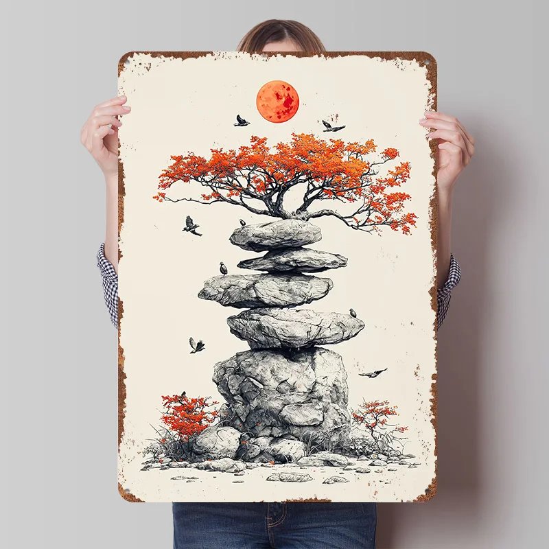 Red Moon & Balanced Rocks Printing Poster Customized Retro Wall Art Vintage Metal Signs for Mancave Living Room Decorations Home
